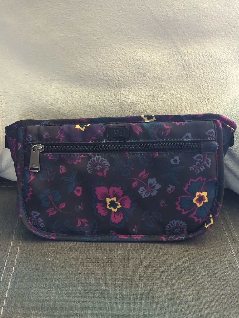 lug Black Floral Cosmetic Pouch with Pink, Purple & Yellow Flowers